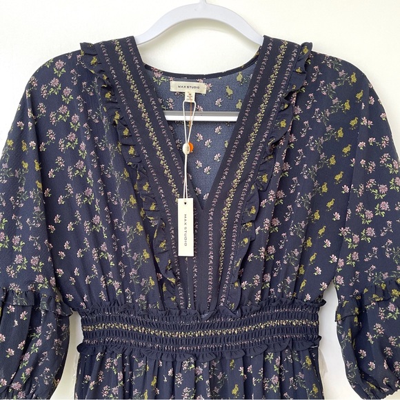 Max Studio Crepe Empire Waist Dress 3/4 Tiered Bubble Sleeves V-Neck Layered - Picture 10 of 13